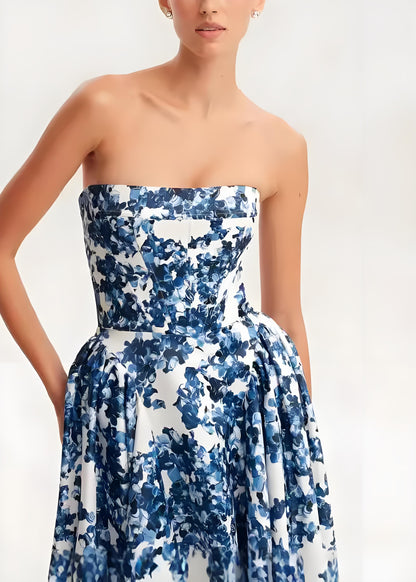 Women's Blue Strapless Printed Cotton Long Sleeveless Dresses