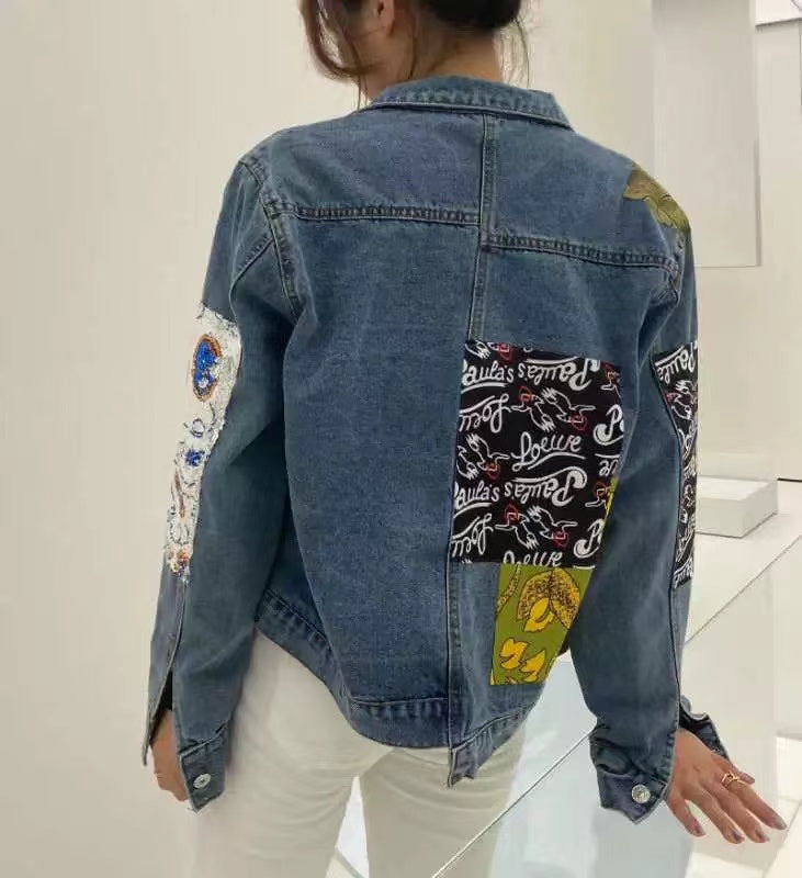 Fashion Irregular Patchwork Sequin Patch Denim Jacket Top