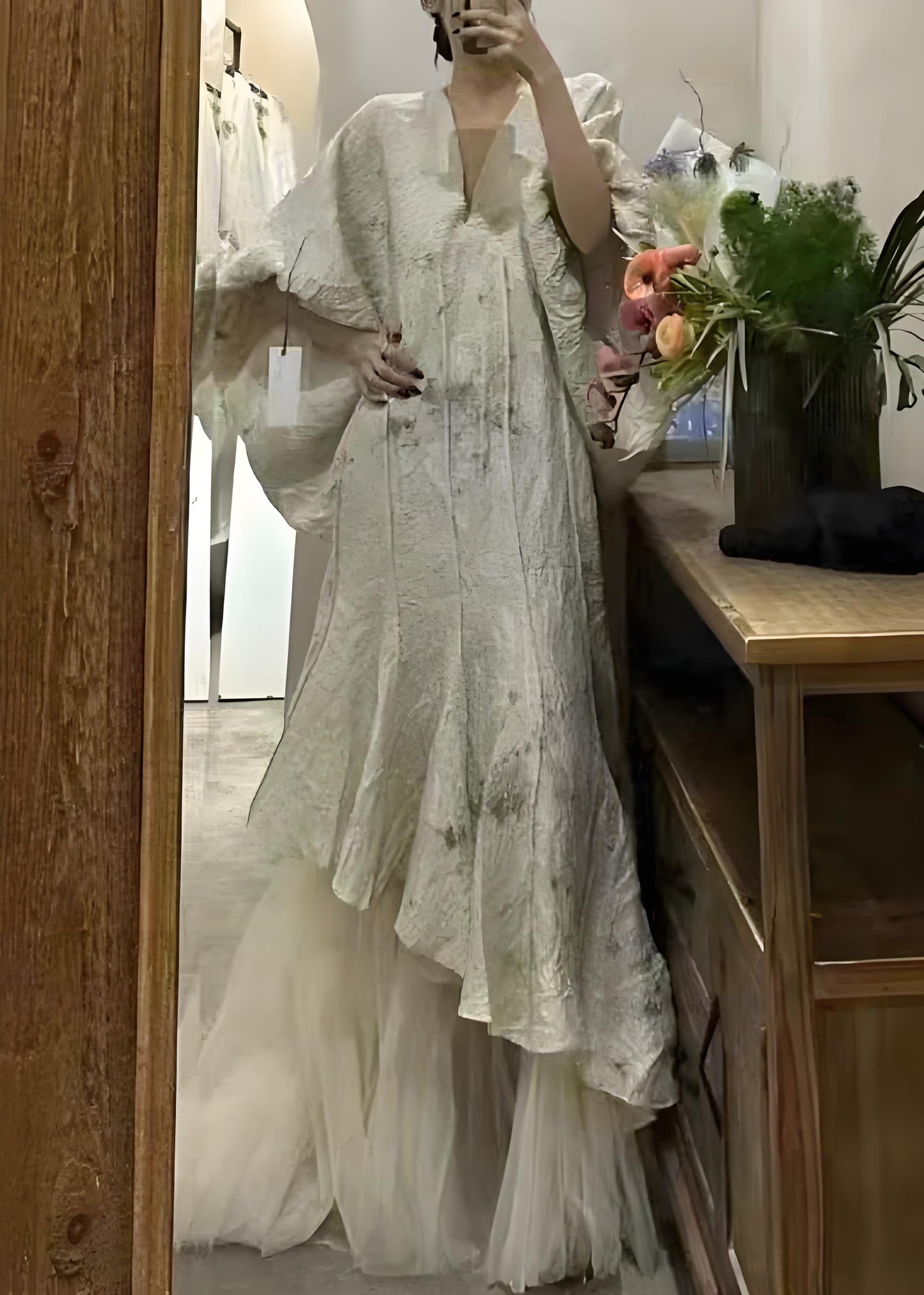 Women's Italian Beige Asymmetric Tulle Patchwork Lantern Sleeve Long Dress Spring