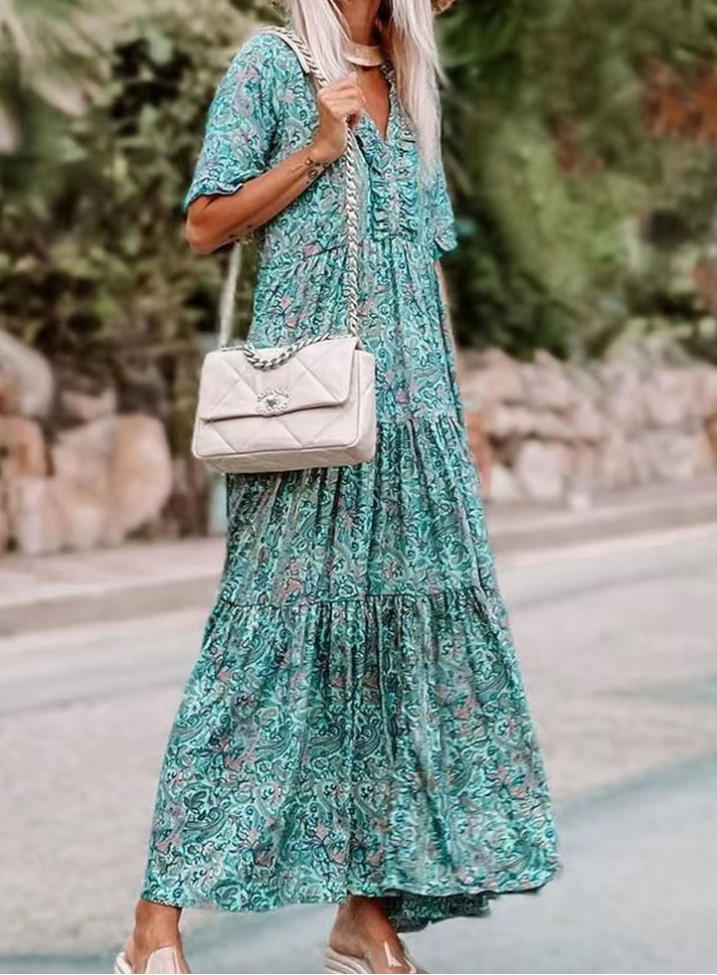 V-Neck Printed Ruffle Short Sleeve Long Dress