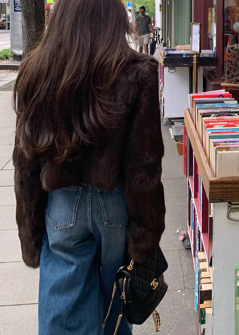 Women's Coffee Peter Pan Collar Fur Jacket Spring