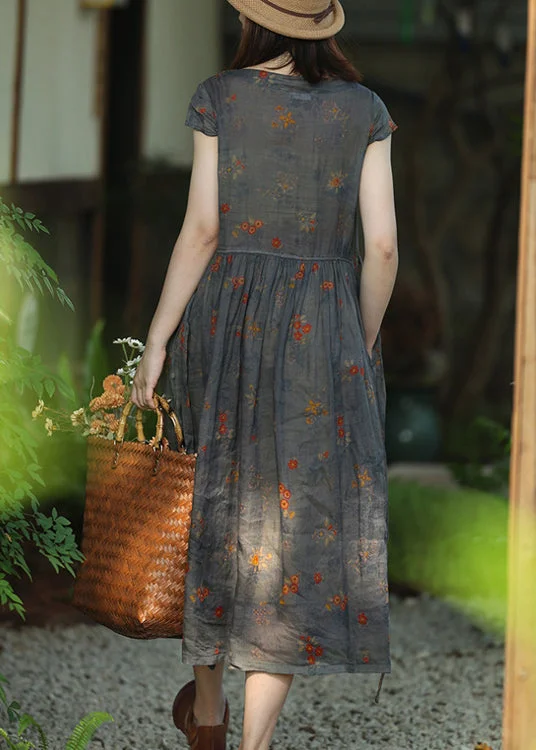Loose Printed Lace-Up Pocket Linen Short Sleeve Dress