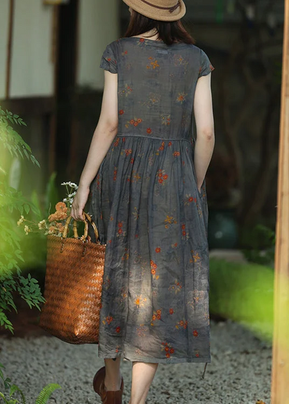Loose Printed Lace-Up Pocket Linen Short Sleeve Dress