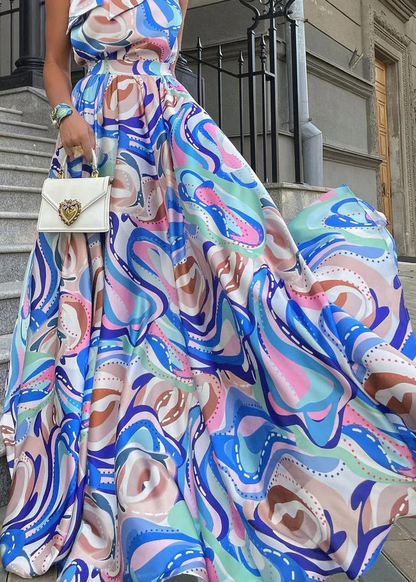 Women's Bohemian Blue Bow Printed Cotton Long Dress Summer