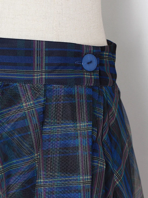 Women's Plus Size Blue High Waist Plaid Irregular Hem Tulle Skirt