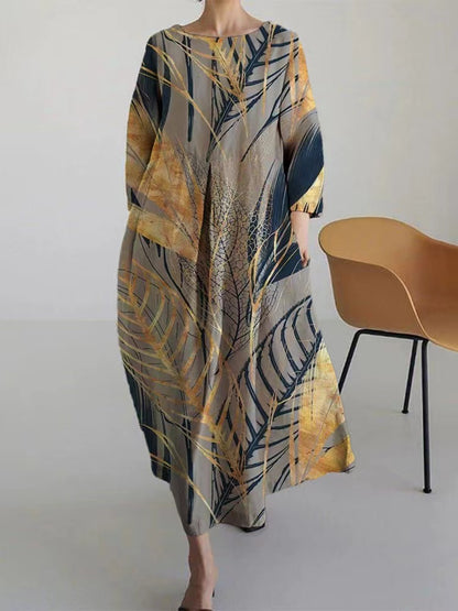 Casual Round Neck Printed Linen Cotton Long Sleeve Spring Dresses