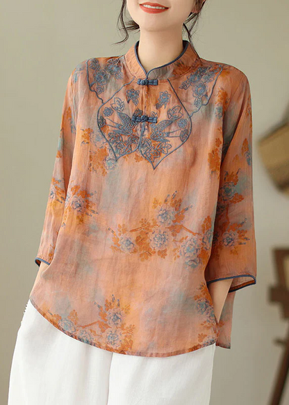Loose Stand Collar Embroidered Printed Cotton Shirt Top