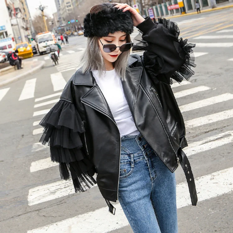 Women's Plus Size Black Lapel Patchwork Patchwork Multi-Layer Tulle Zipper Leather Jacket