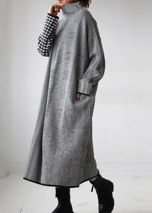 French Plaid High Neck Patchwork Long Knit Dress