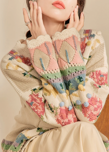 Loose Beige Embroidered Button Knit Cardigan