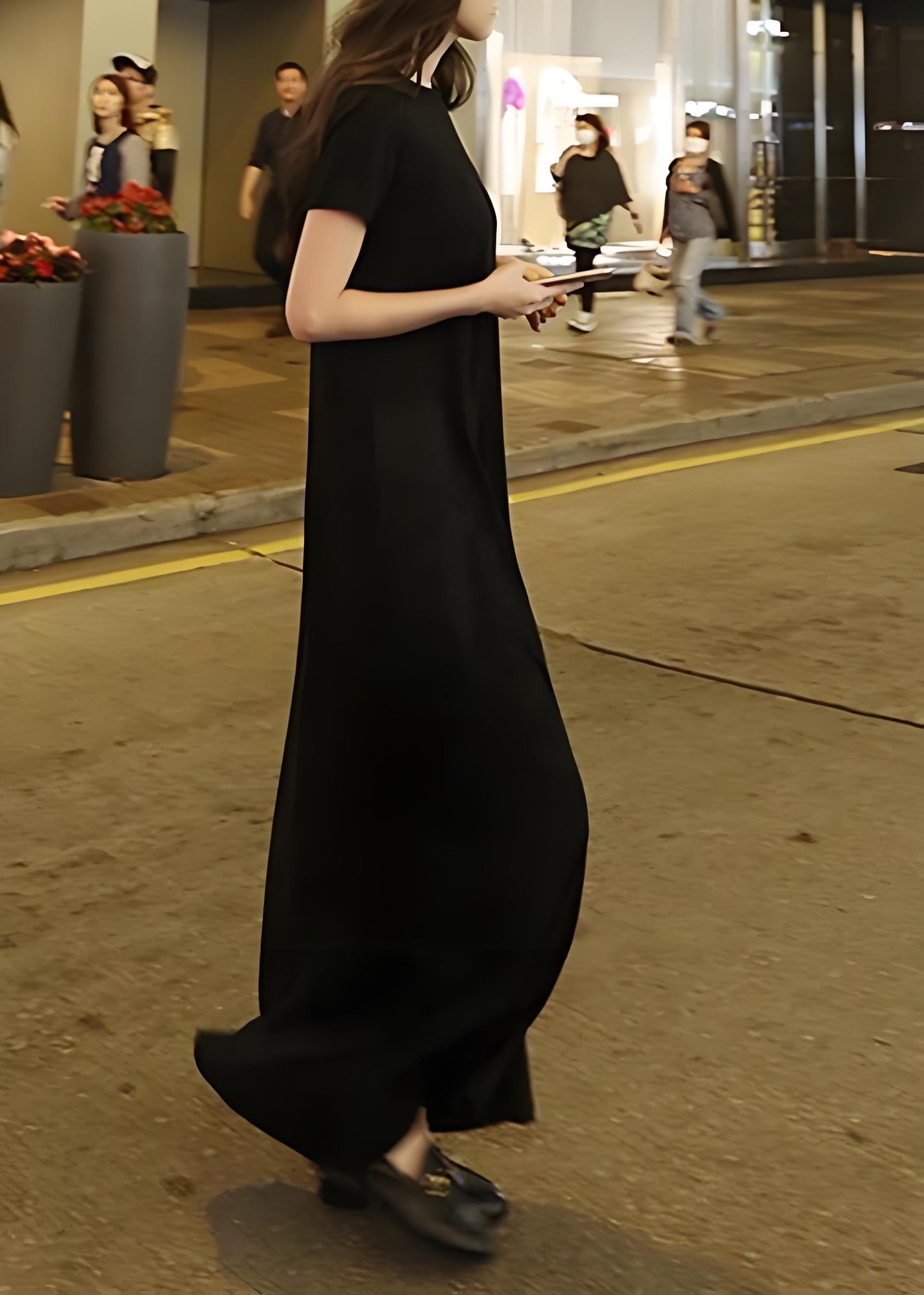 Casual O Neck Pocket Cotton Tunic Black Dress