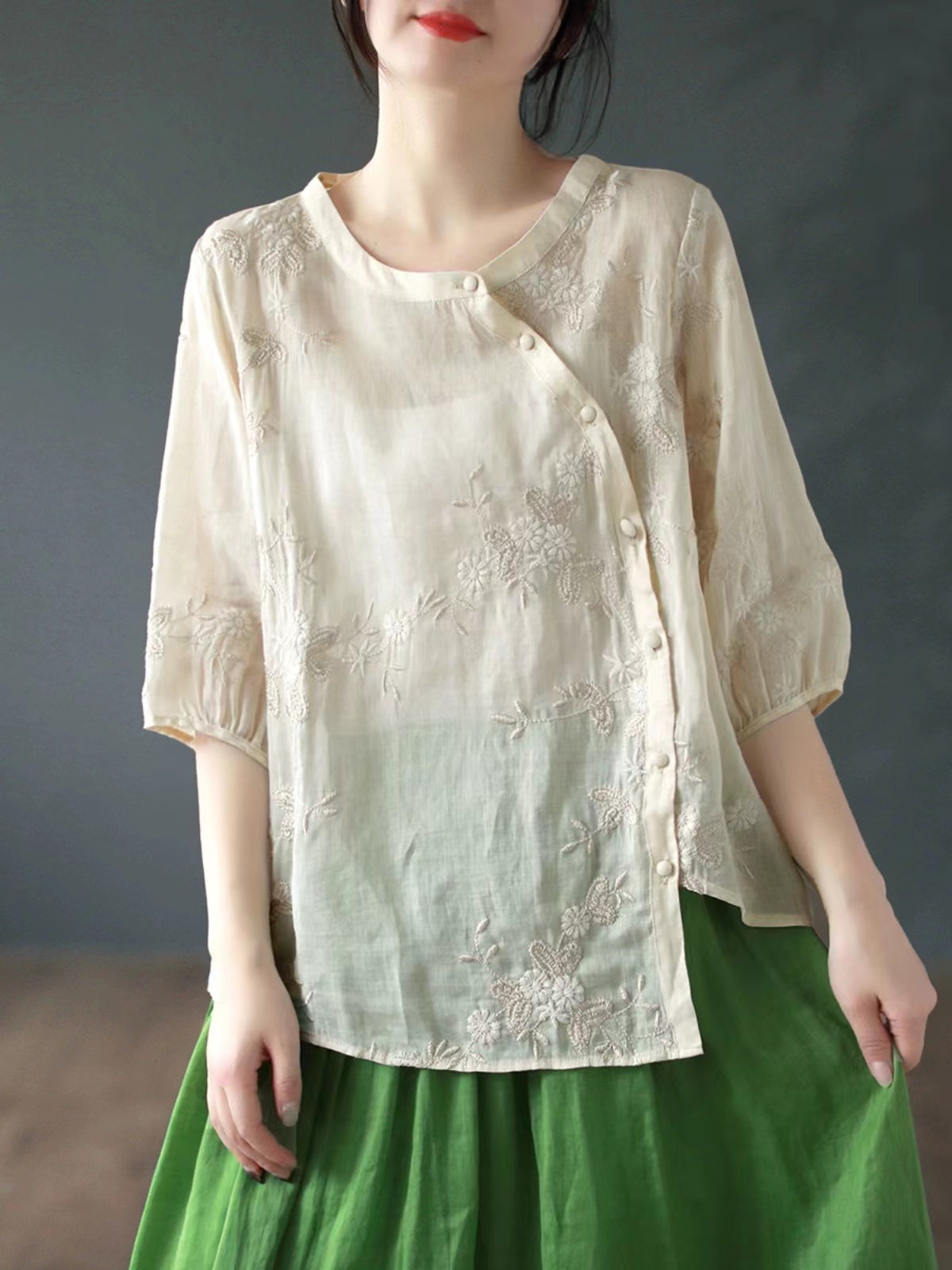 Asymmetric Button Embroidered Floral Linen Shirt