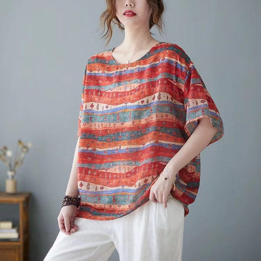 Casual Printed Cotton Linen Round Neck Short Sleeve T-Shirt Top