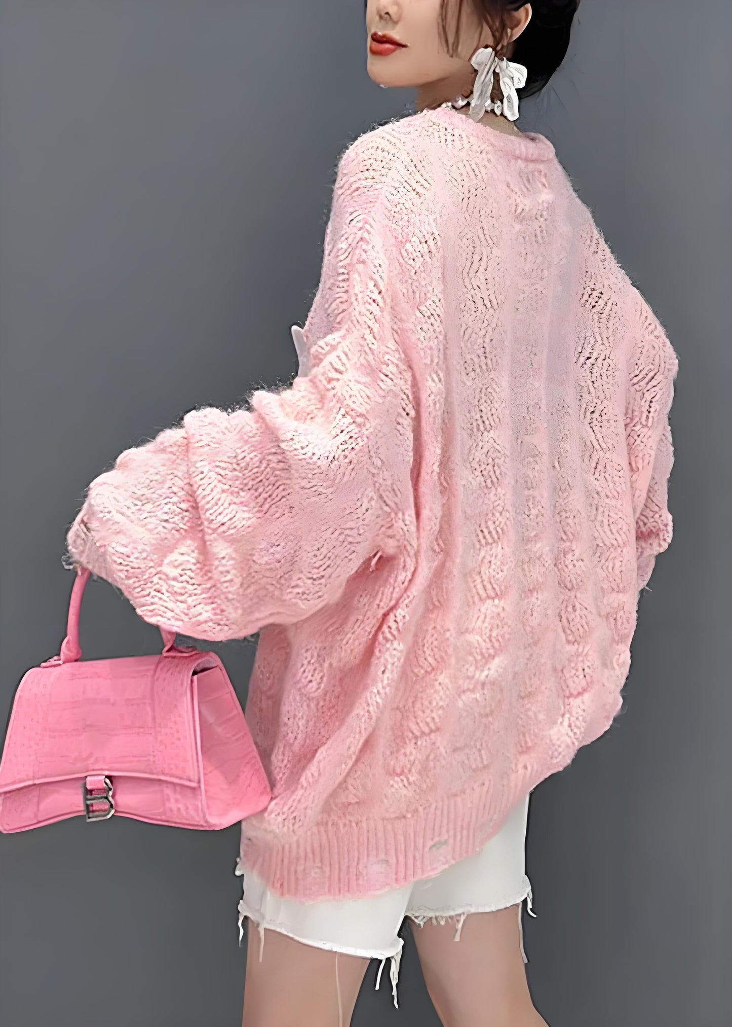 Pink Oversized Openwork Applique Knit Sweater