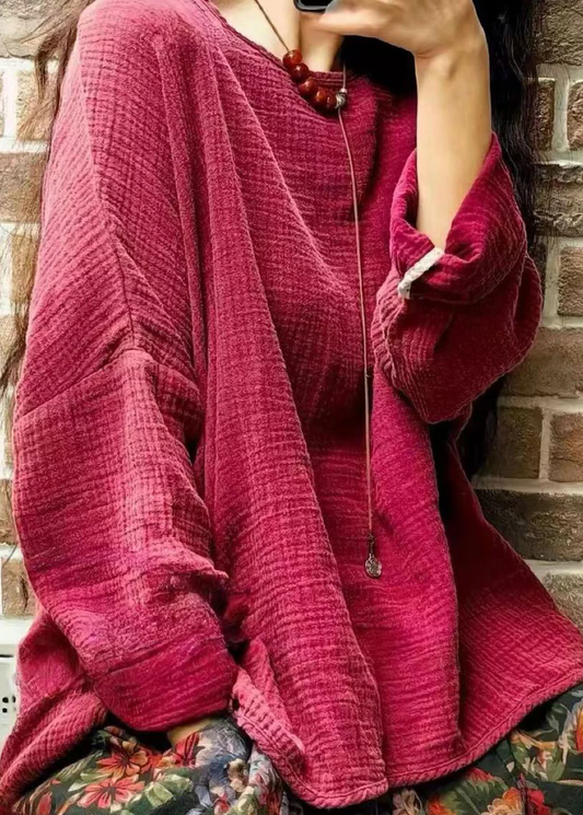 Loose Plus Size O Neck Patchwork Cotton Sleeve Top