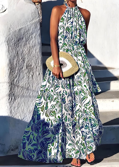 Women's Italian Green Printed Cotton Holiday Beach Halter Dress Summer