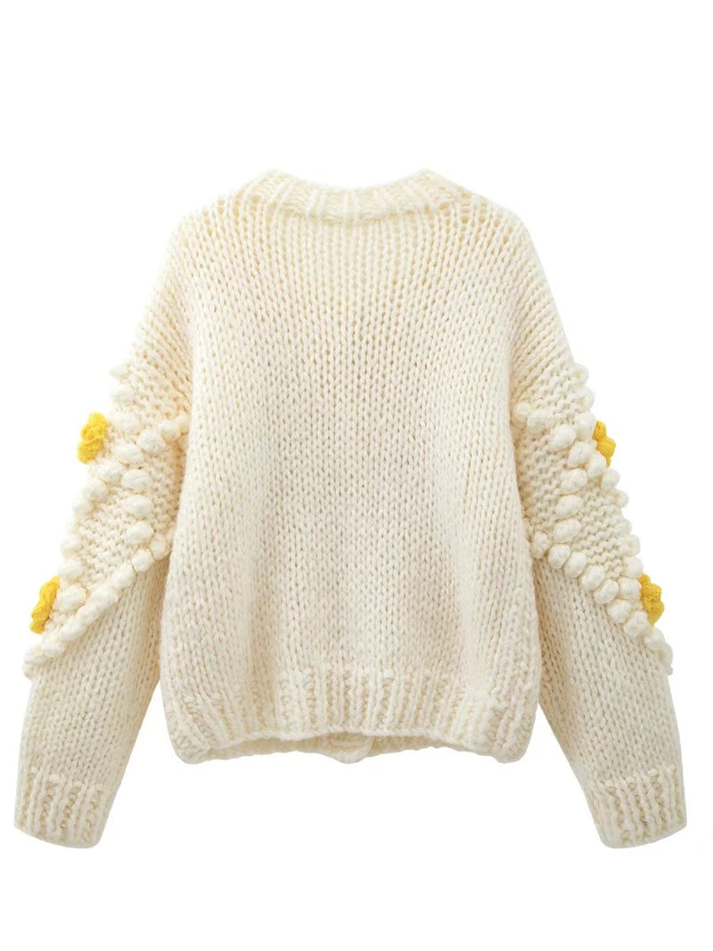 French handmade three-dimensional floral cardigan knitted sweater coat winter