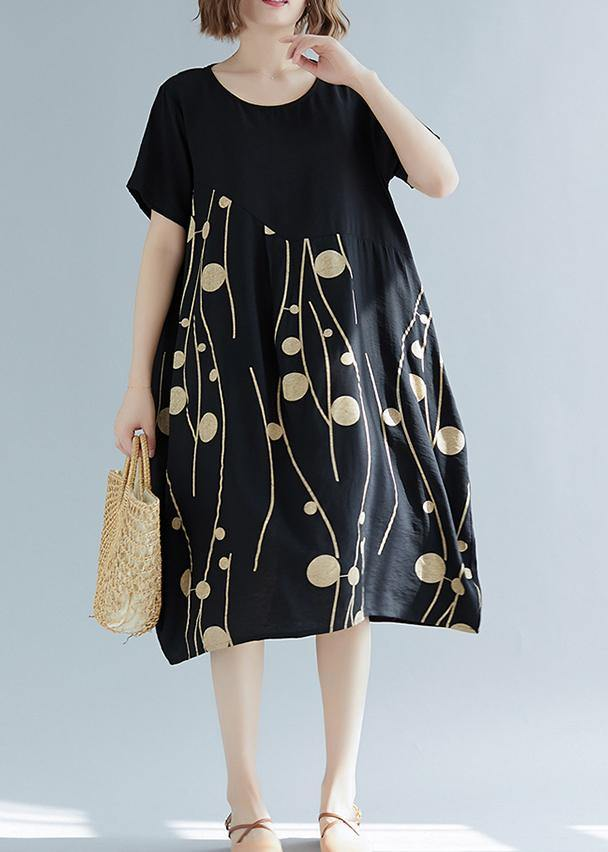 Simple Printed Cotton and Linen Waistband Peplum Dress