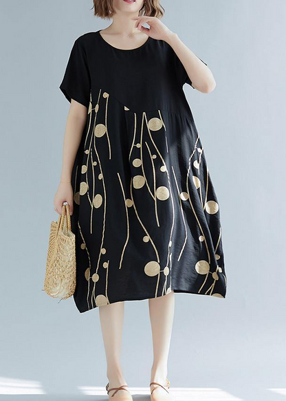 Simple Printed Cotton and Linen Waistband Peplum Dress