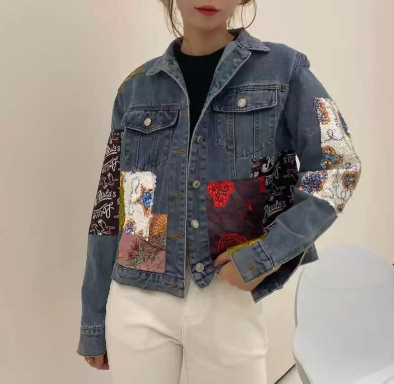 Fashion Irregular Patchwork Sequin Patch Denim Jacket Top