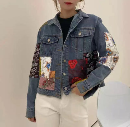 Fashion Irregular Patchwork Sequin Patch Denim Jacket Top