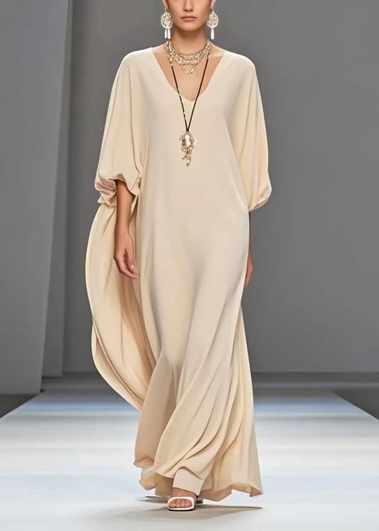 Women's Beach Party Apricot Oversized Draped Chiffon Dress Lantern Sleeve
