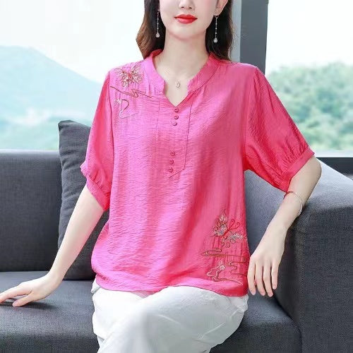 Loose Standing Collar Embroidered Button Cotton Short Sleeve Shirt Top