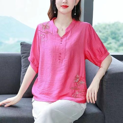 Loose Standing Collar Embroidered Button Cotton Short Sleeve Shirt Top