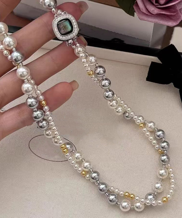Sterling Silver Zirconia Double Pearl Gradient Bead Necklace