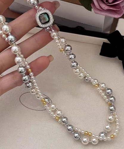 Sterling Silver Zirconia Double Pearl Gradient Bead Necklace