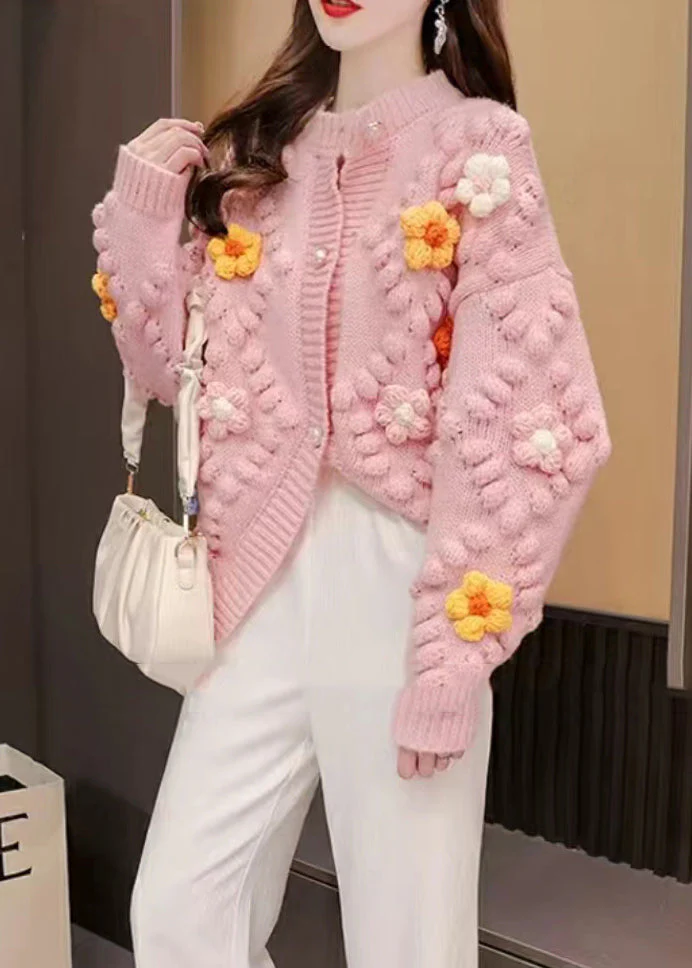 Pink O-Neck Floral Pattern Knit Cardigan