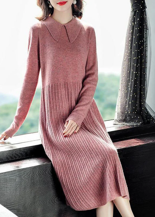 Solid Colour Peter Pan Collar Ruched Sweater Dress Long Sleeve