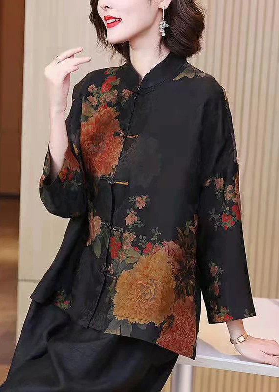 China Phoenix Women's Large Size Lapel Printed Button Silk Shirt Long Sleeve
