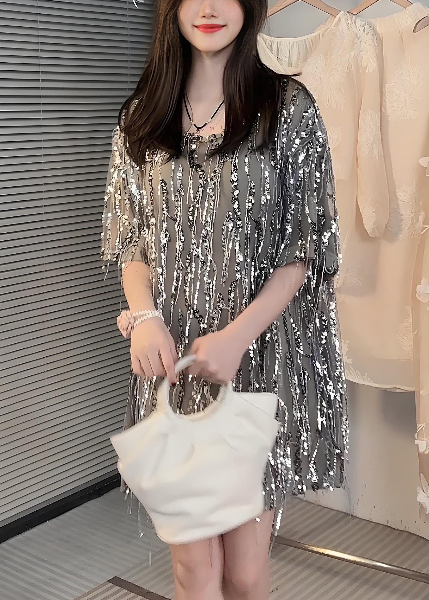 Women's Party Silver O Neck Sequin Patchwork Cotton Dresses