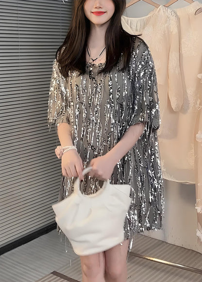 Women's Party Silver O Neck Sequin Patchwork Cotton Dresses