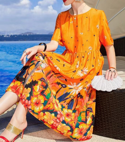 Elegant Round Neck Silk Printed Short Sleeve Hem Dress