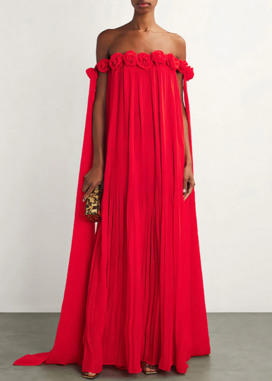 Wrinkled Cotton Long Dress with Red Slant Neck