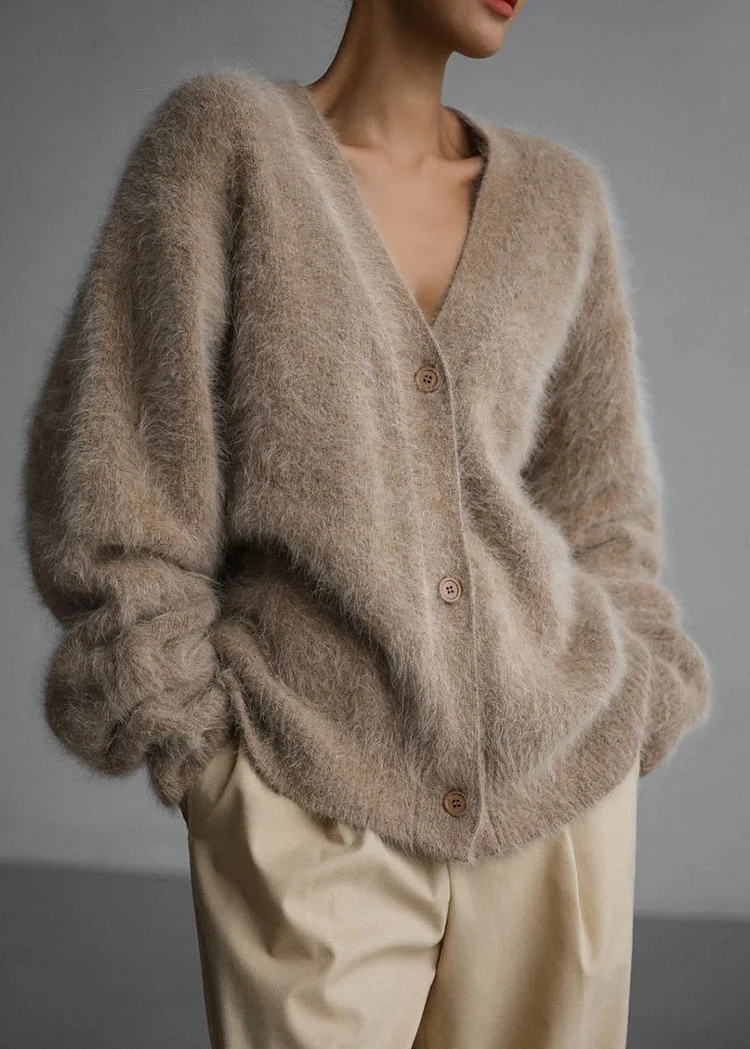 Women's Plus Size Khaki V Neck Wool Knit Sweater