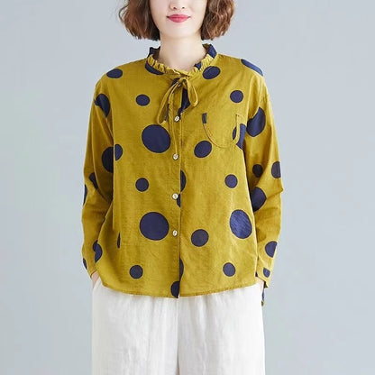 Casual Literary Linen Ruffle Neck Shirt Top