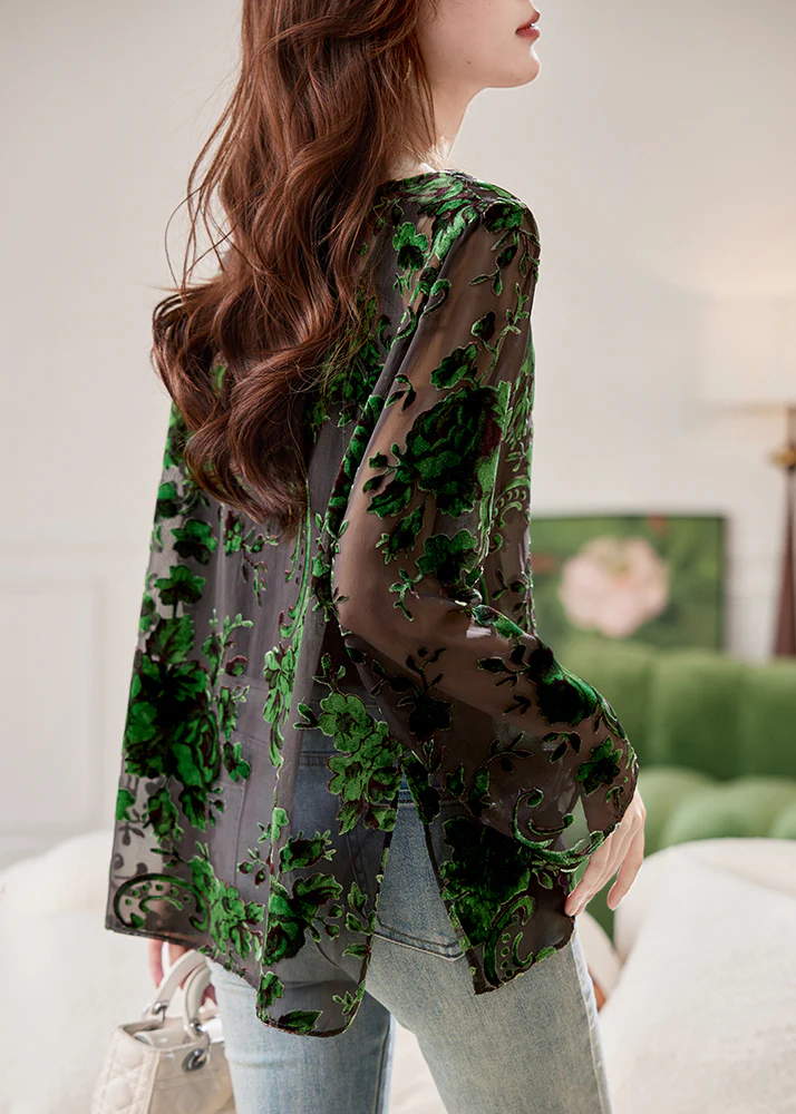 Women's Sexy Green Round Neck Floral Shirt