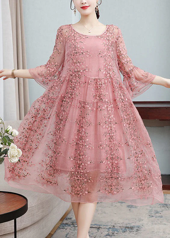 Women's Embroidered Ruffle Tie Dress Flared Sleeve