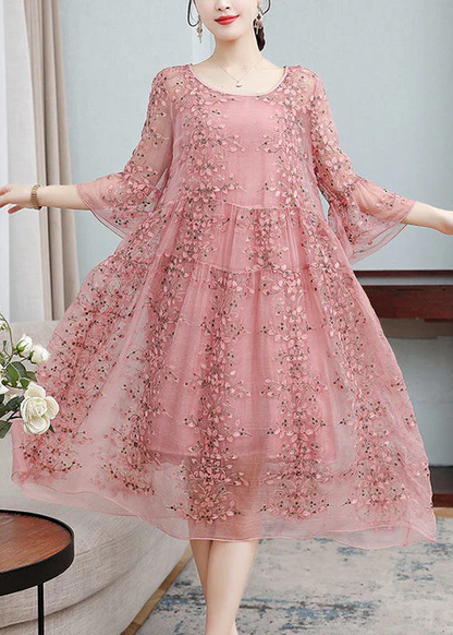 Women's Embroidered Ruffle Tie Dress Flared Sleeve