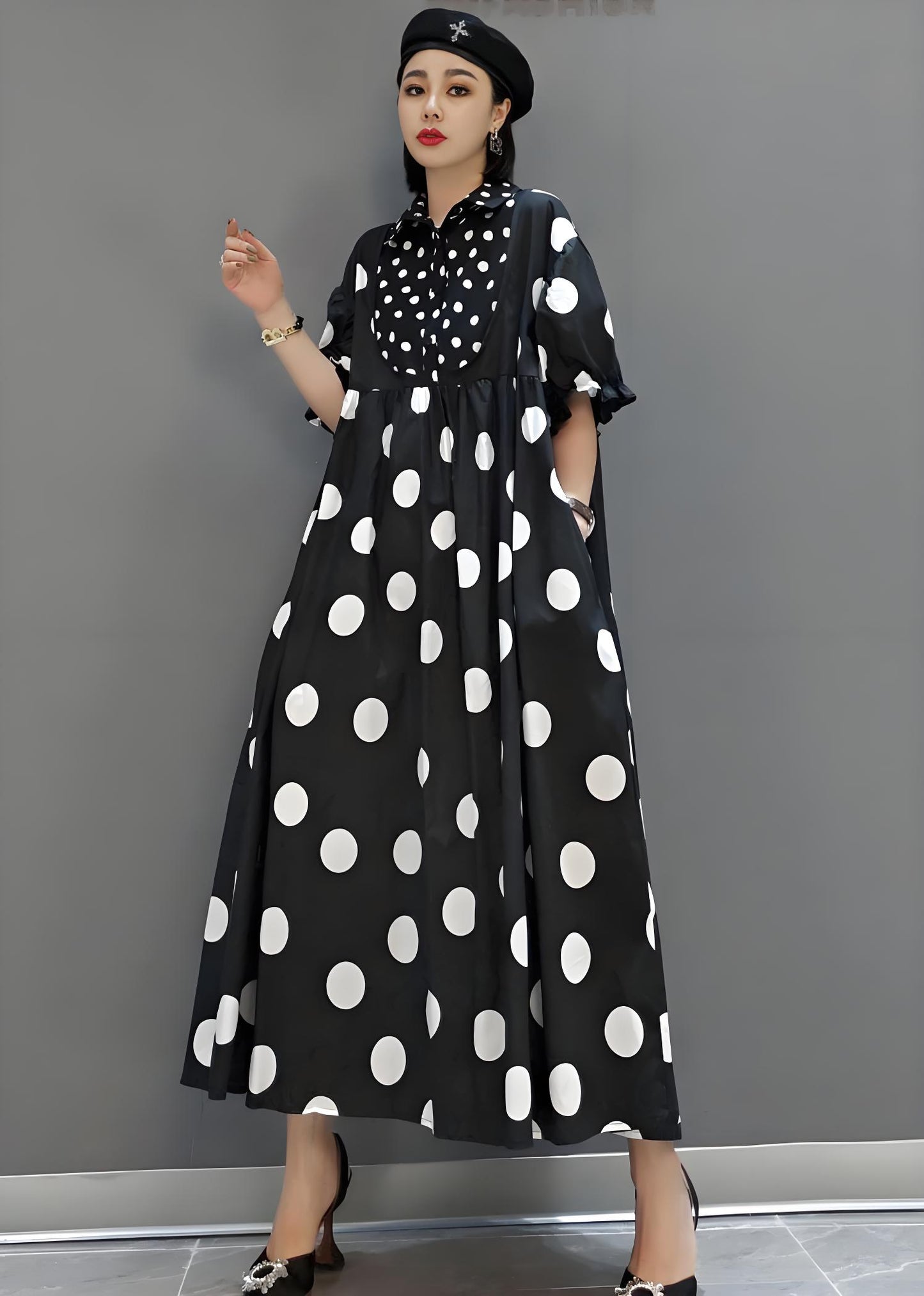 Women's Black Peter Pan Collar Patchwork Plus Hem Long Dress Short Sleeve Polka dot