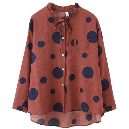 Casual Literary Linen Ruffle Neck Shirt Top