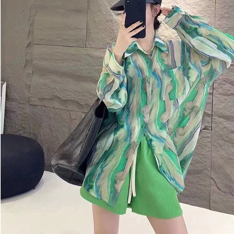 Casual Striped Floral Design Cotton Shirt Top