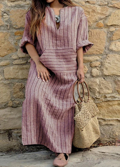 Gray Round Neck Striped Patchwork Maxi Dress