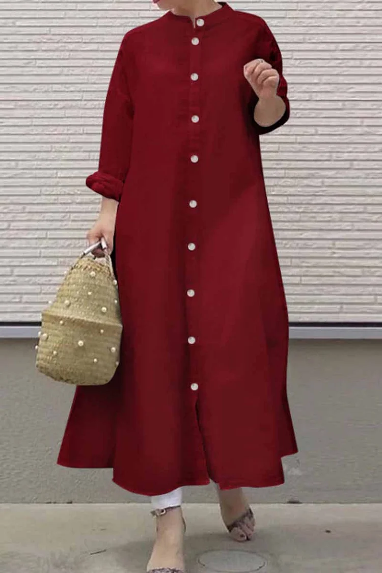 Casual Chinese Standing Collar Shirt Dress Long Sleeve Dresses