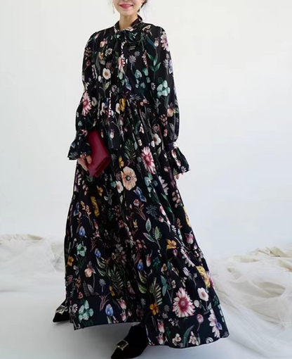 French Stand Neck Tie Printed Floral Flared Sleeve Swing Dress