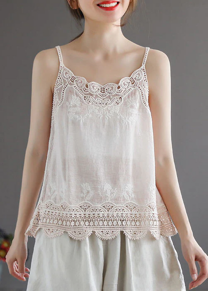 Women's White Lace Patchwork Cotton Spaghetti Strap Top