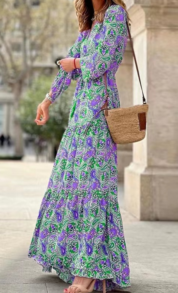 Vintage Printed V-Neck Long Sleeve Long Dresses